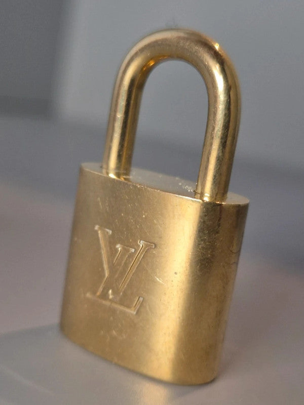Vue face du cadenas Louis Vuitton – logo LV embossé en relief