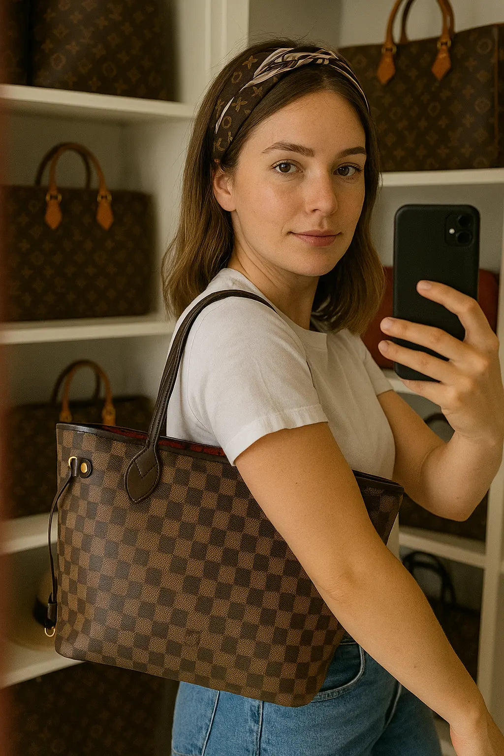 Sac Louis Vuitton Neverfull MM en toile Damier Ébène, vue de face, anses en cuir foncé et finition haut de gamme.