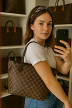 Sac Louis Vuitton Neverfull MM en toile Damier Ébène, vue de face, anses en cuir foncé et finition haut de gamme.