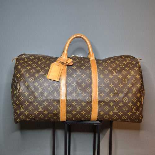 Louis Vuitton Keepall 55 Monogram marron et cuir naturel vue de face